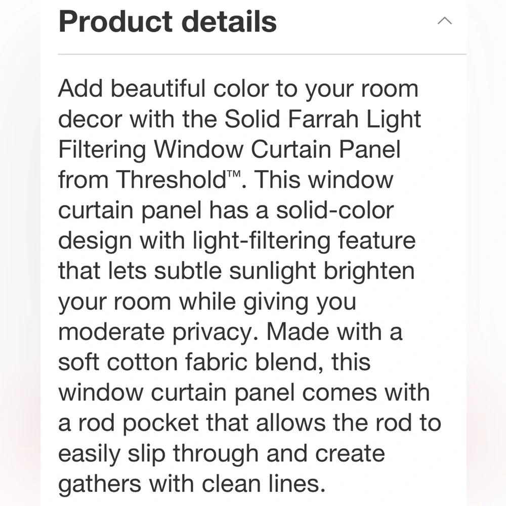 THRESHOLD NWT light filtering solid Farrah window curtain panels -84”